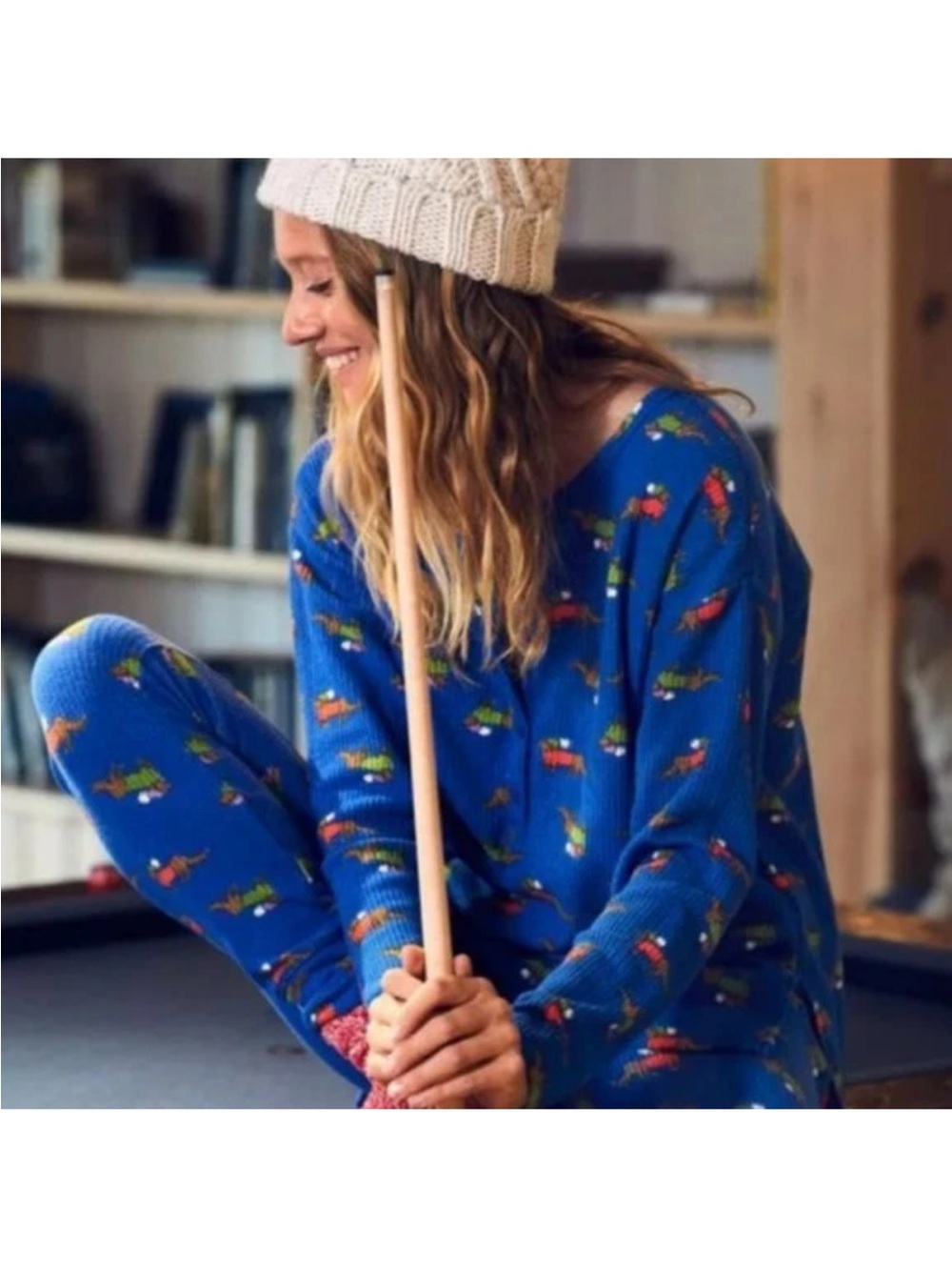 Aerie Thermal Waffle Knit Dachshund Dog Print Pajama Set Blue